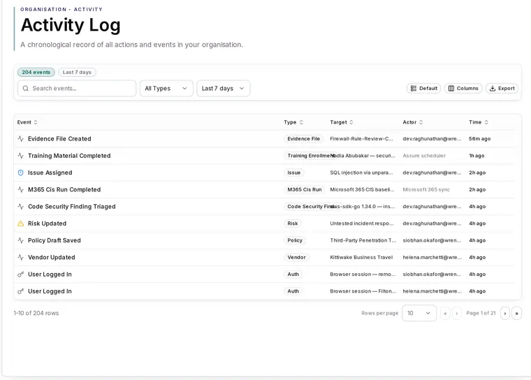 Activity log in Apexward Assure