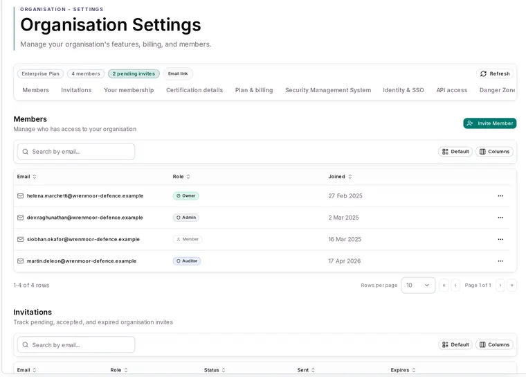 Organisation settings in Apexward Assure
