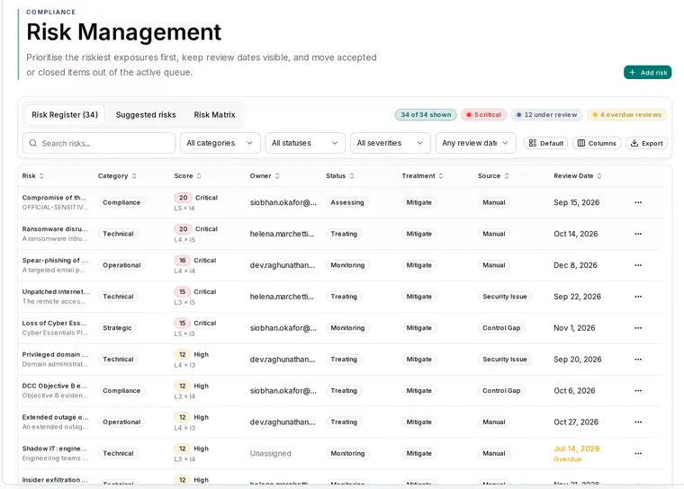 Risk register in Apexward Assure