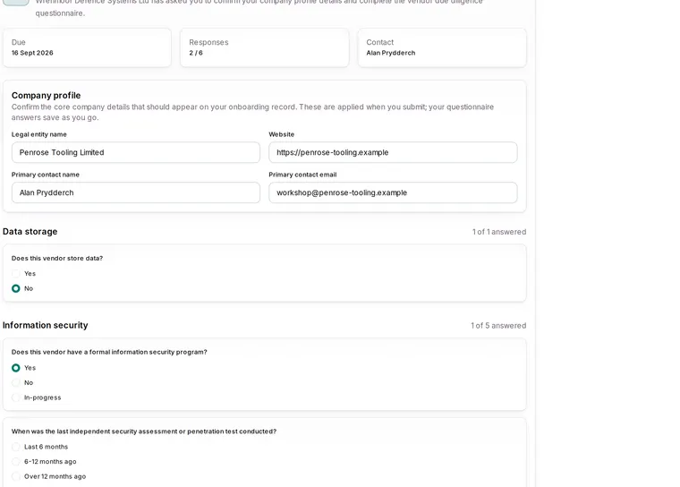 Vendor questionnaire in Apexward Assure