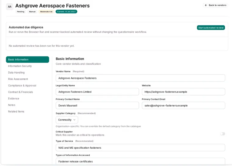 Vendor detail in Apexward Assure